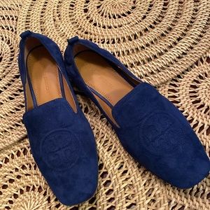 Tory Burch dark blue suede flats, size 8.